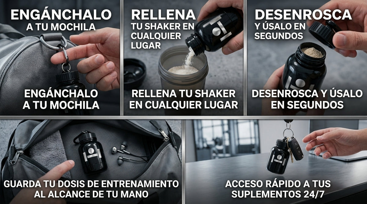 ShakeMix Llavero para Proteína en Polvo, negro, 100ml, compact keychain container for protein powder storage.